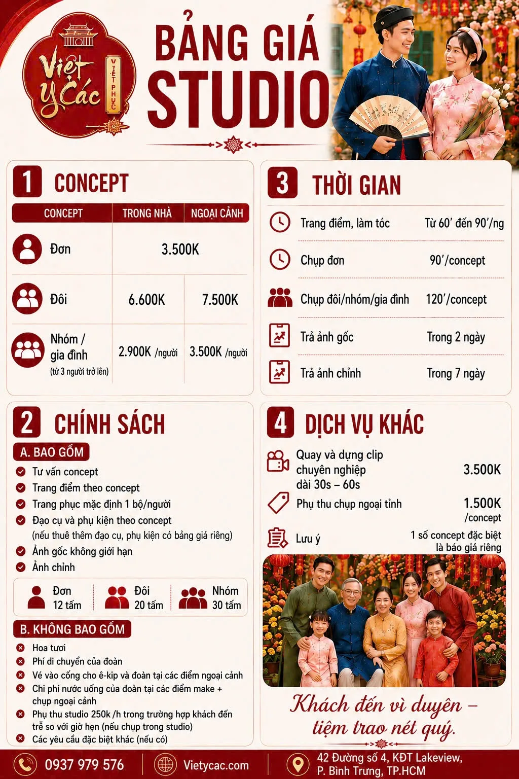 Bảng giá studio nhiếp ảnh Việt Y Các