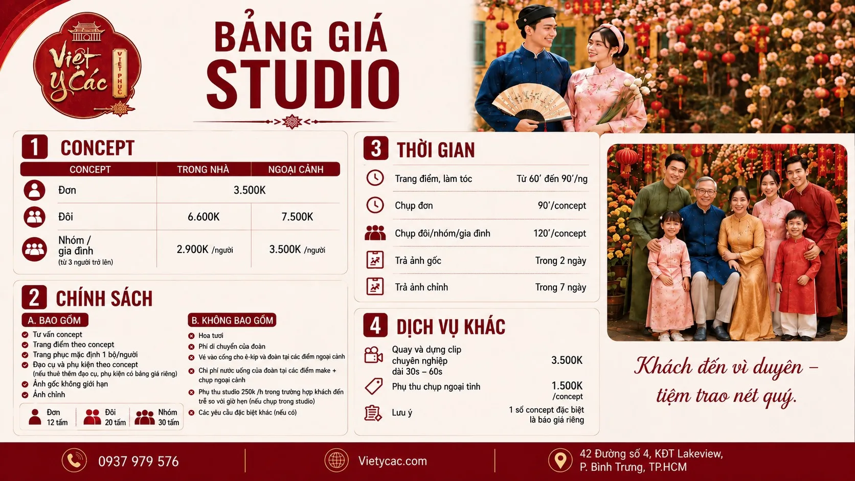Bảng giá studio nhiếp ảnh Việt Y Các